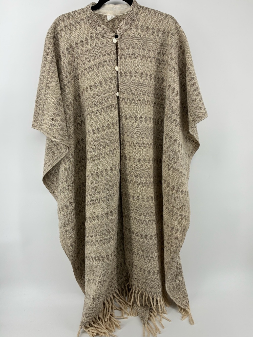Vintage 70s Handwoven Geometric Button Up Wool Poncho Shawl Bohemian Festival